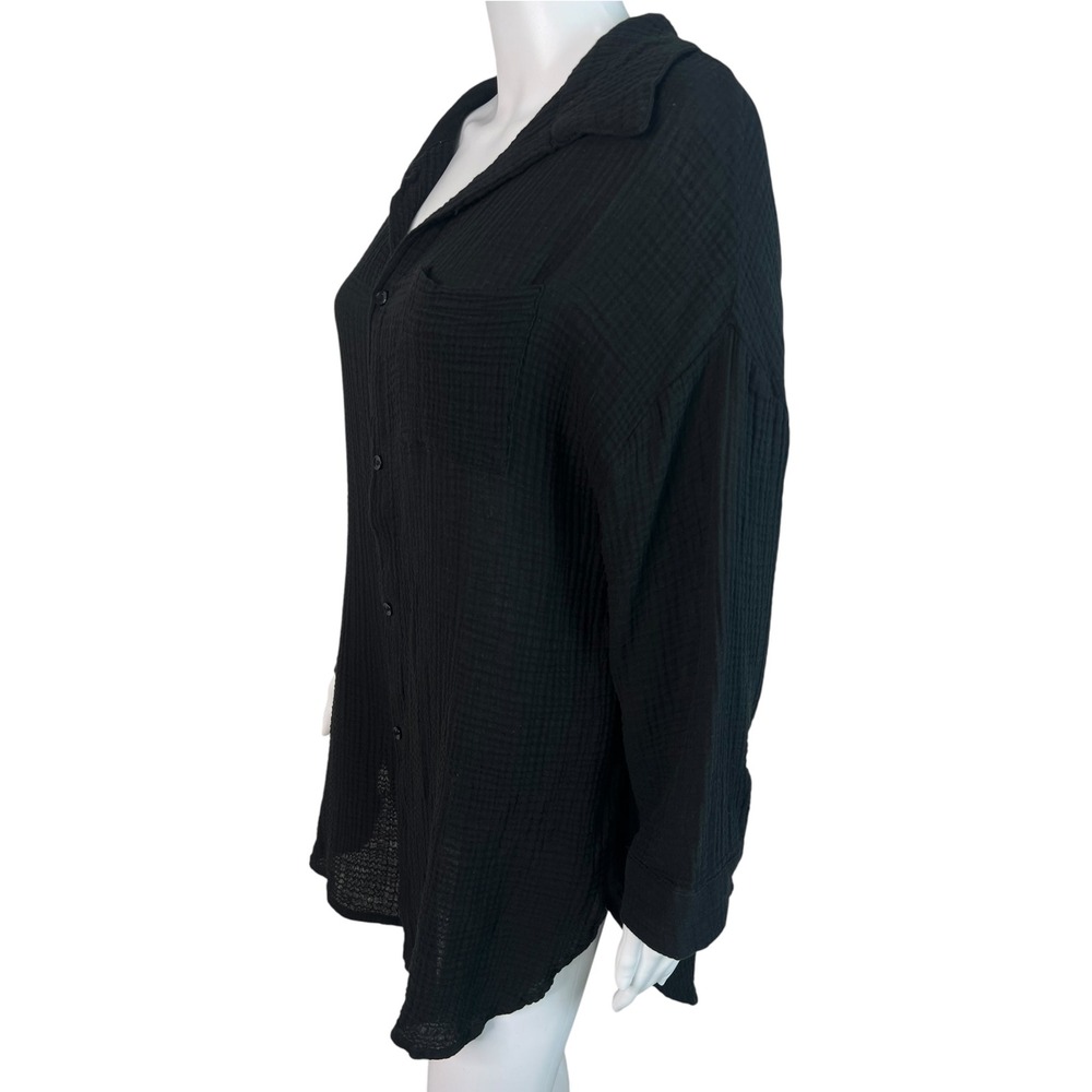 Kona Sol Top Cover Up Swim Black Gauze Cotton Button Down Beach Resort Medium - Picture 3 of 11